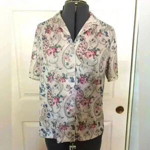 VTG nylon paisley beige green short sleeve button down blouse women L